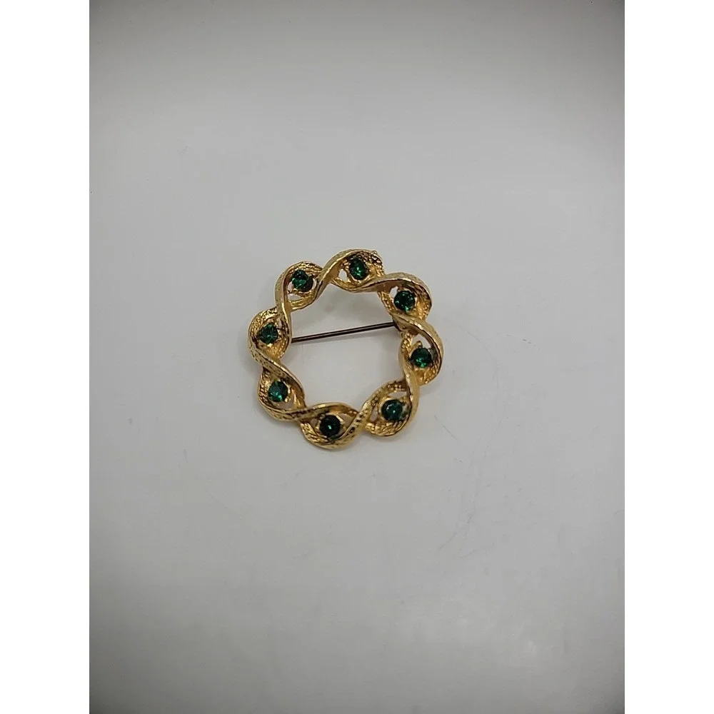 Vintage Brooch Pin Gold Tone Green Crystals Round Twist Embossed Jewelry Costume